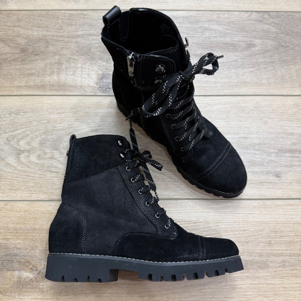 Donald Pliner Black Suede Lace Up Combat Boots Lug Sole Side Zip Womens Size 8